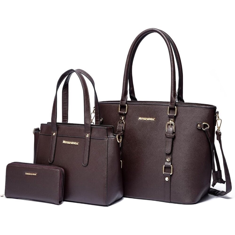 Women’s Coffee 3PCS Purses  Tote Wallet & Shoulder Satchel Handbags Set